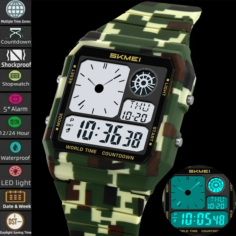 Skmei 5 Alarm Clock Male Military Sports Watches Analog Digital Display Multiple Time Zone Waterproof Swimming Mens Stop Watch