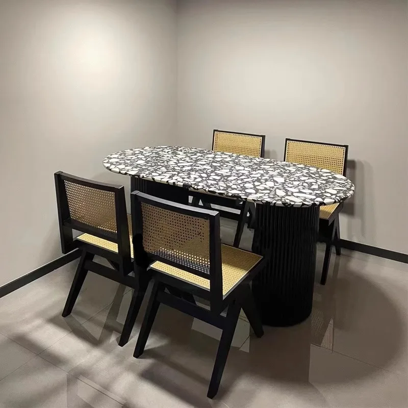 French retro terrazzo dining table oval light luxury stone high-end dining table marble designer medieval table