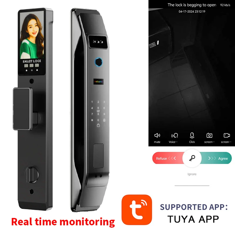 TUYA 3D Facial Recognition WIFI Password Fingerprint Card Portable Visual Doorbell Monitoring Camera Electronic Door Lock
