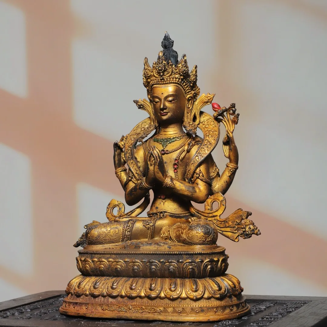 Old Bronze Gilded High Relief Cinnabar Four armed Guanyin Sitting Buddha Lotus Terrace Amitabha Buddha Worship Hall Town house