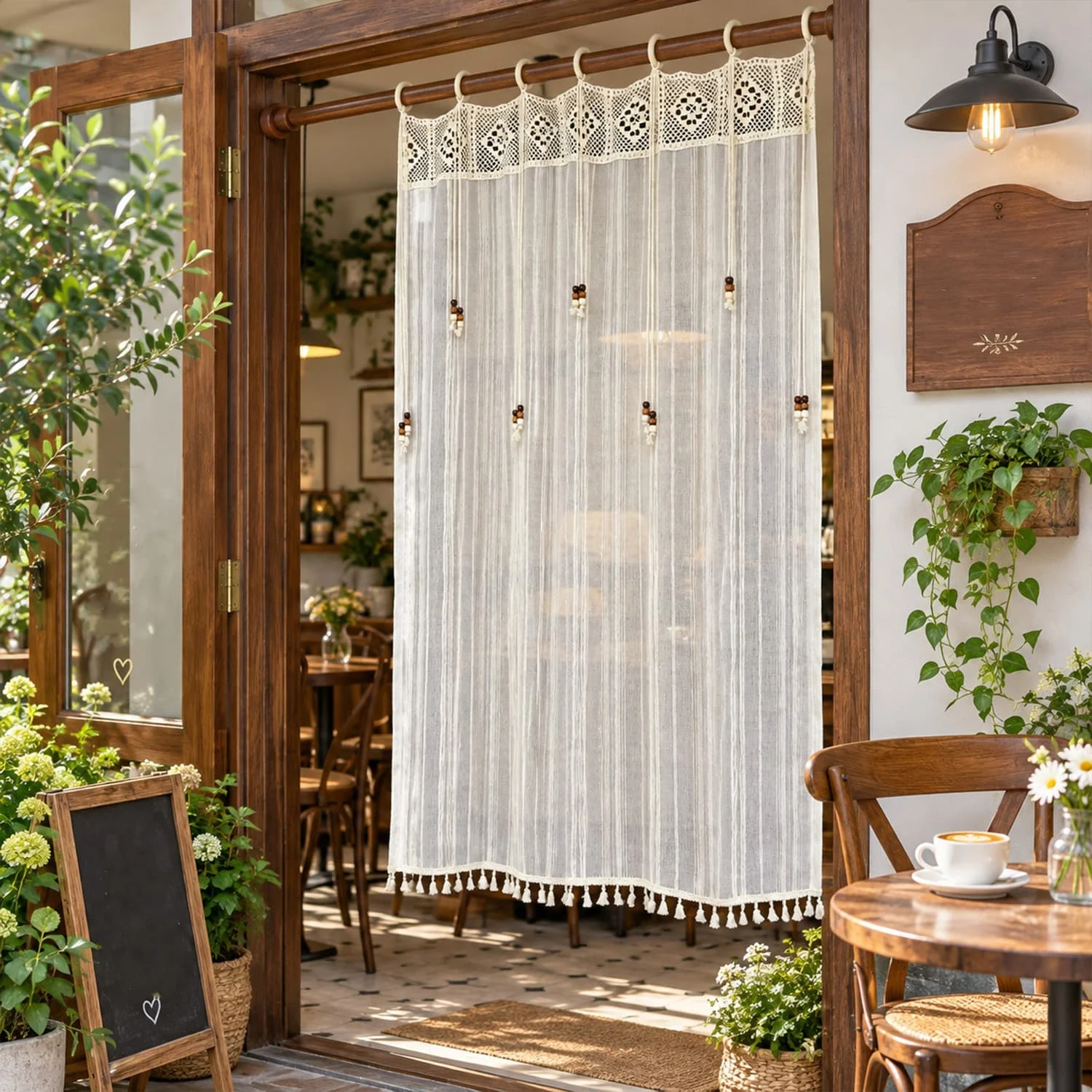 1PC Bohemia Hollow Stitching Sheer Curtain, Stripes Pattern, Hanging Top Ring for Living Room, Door Partition, Cabinet Blinds