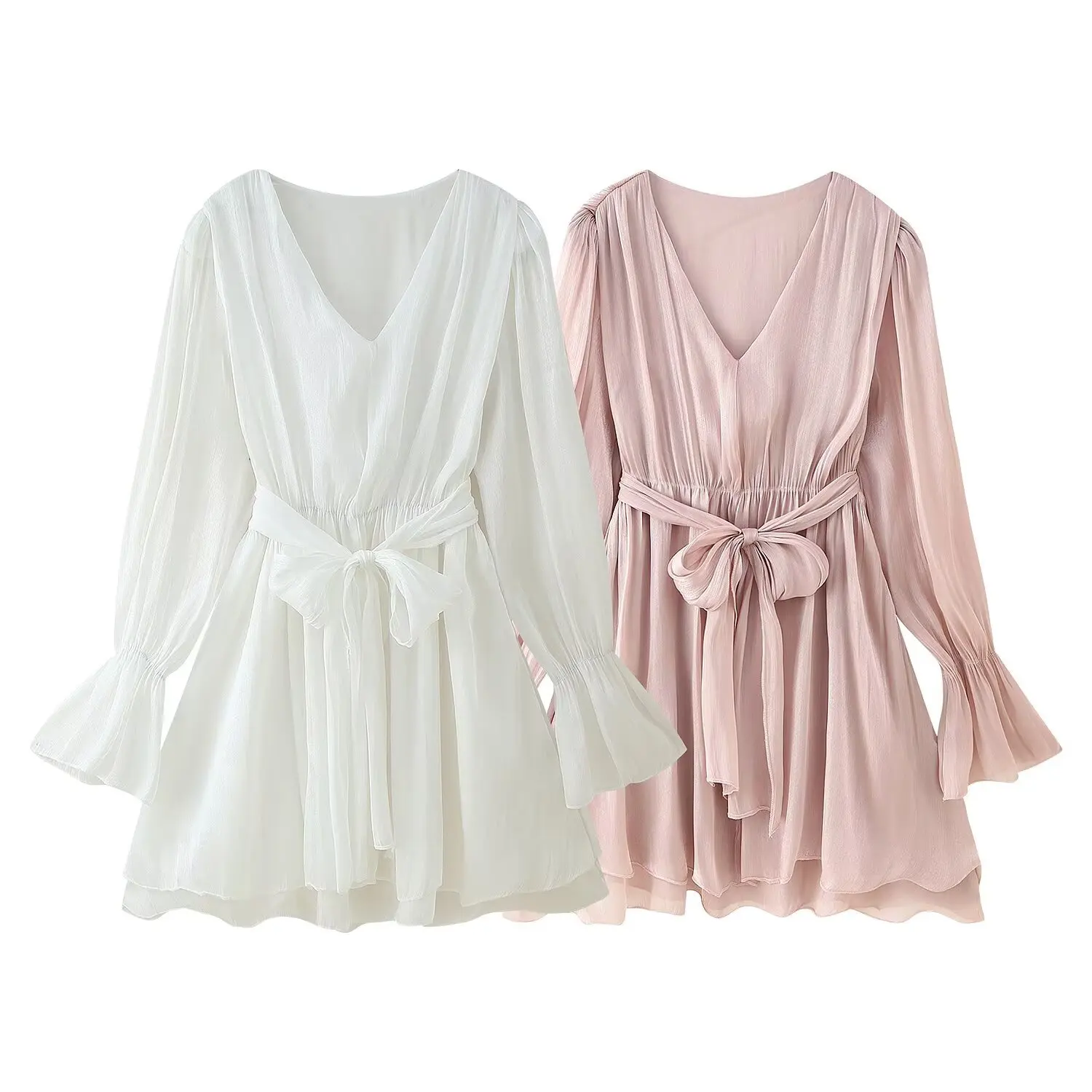 Elegant Pleated A-line Mini Dresses Holiday Party Robe Women Autumn Puff Long Sleeve Dress V Neck Bow Sashes Dress