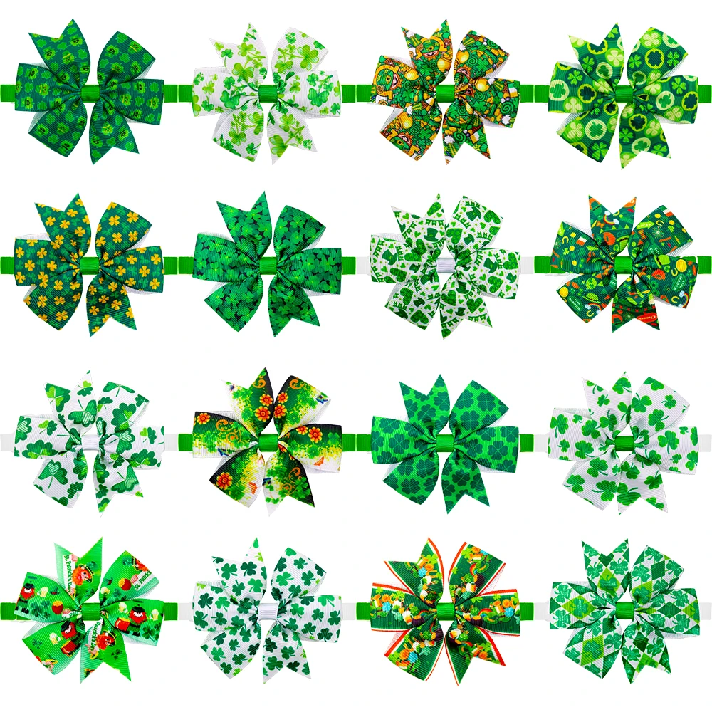 60pcs St. Patrick' S Day Dog Clover Bow Ties for Puppy Medium Collar Pet Grooming Adjustable Pet Bowties Neck Ties