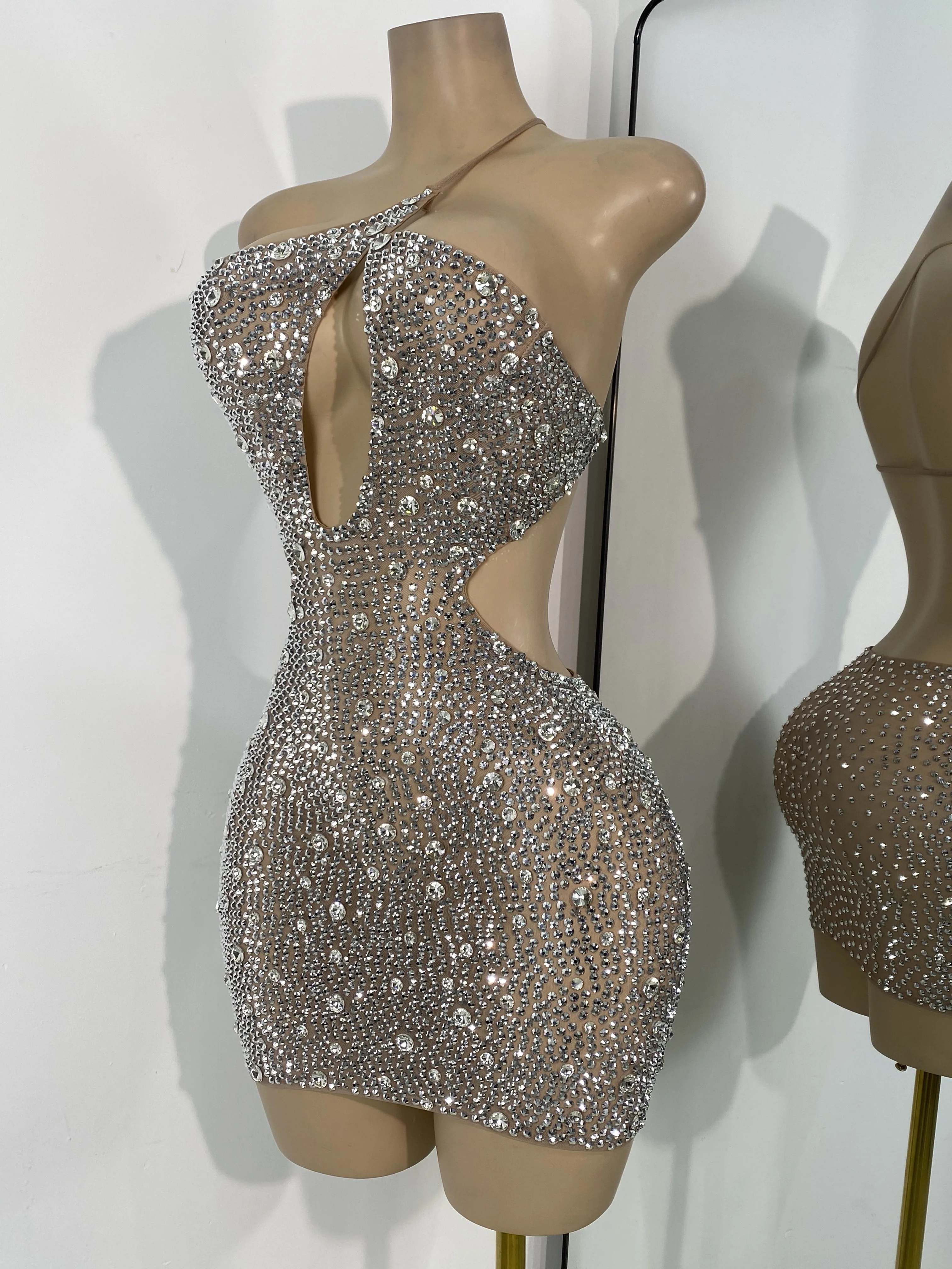 سباركلي الفضة الراين فستان قصير فاخر المرأة مثير شبكة الجوف خارج المشاهير فساتين كوكتيل عيد ميلاد ملابس الأداء #4