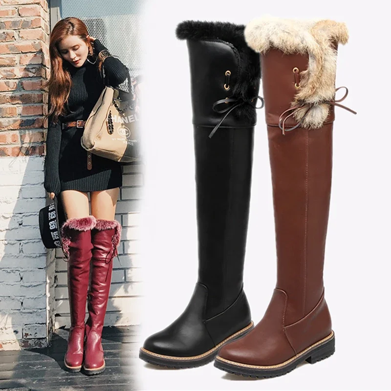 2023 new antumn winter women long boots plus size 22-26.5 cm pu/flock+cony hair over-the-knee boots  women modern snow boots