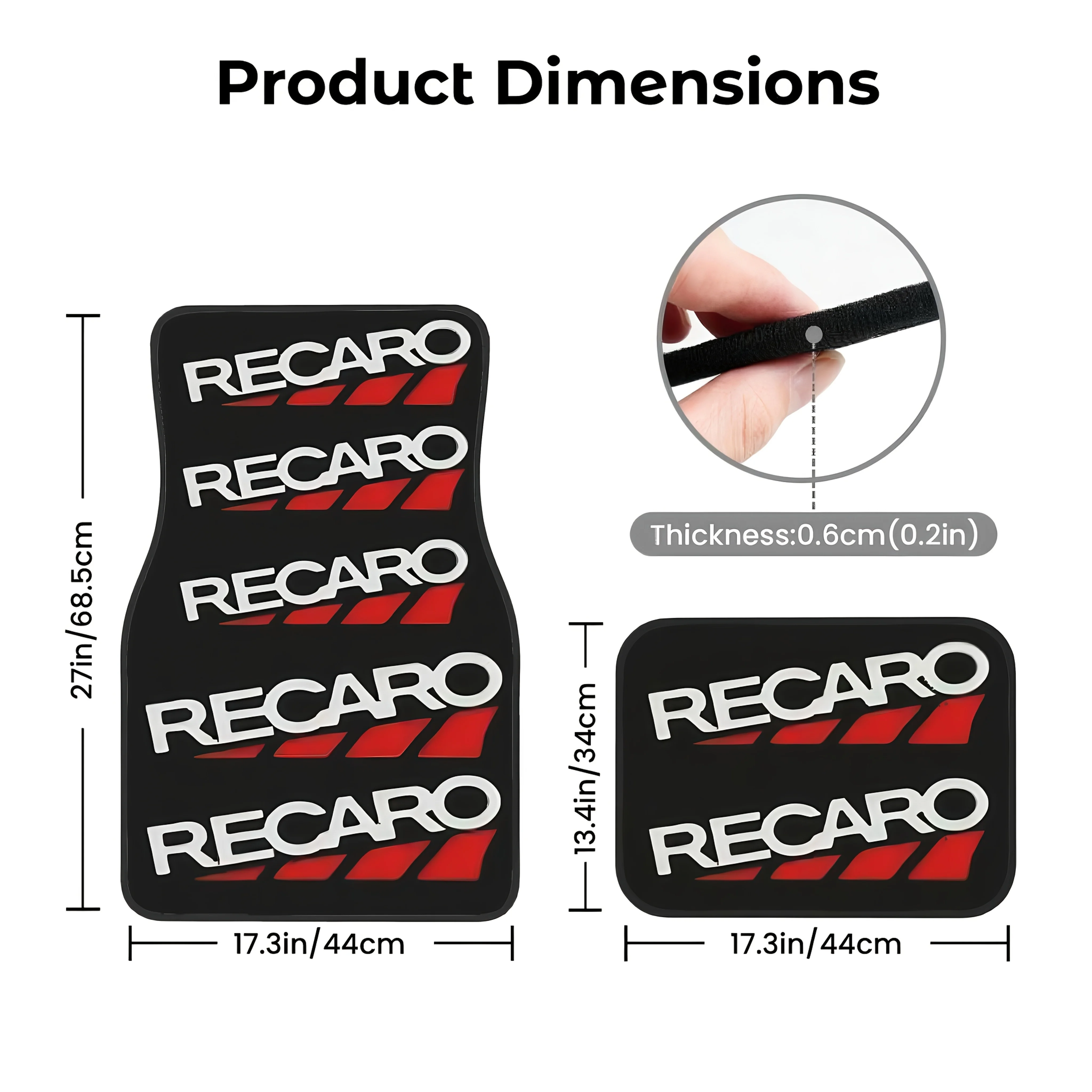Set Of 4 Simple Red And White Color Matching RECARO Alphabet Printed Patterns - Car Foot Mats, Universal Non-slip Car Mats, Easy