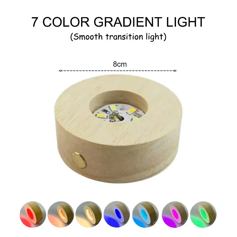 8 cm großes LED-Licht aus Holz mit USB-Stecker auf Displaybasis, runder Holzständer, batteriebetriebener 3D-Harz-Kunstkristallglashalter