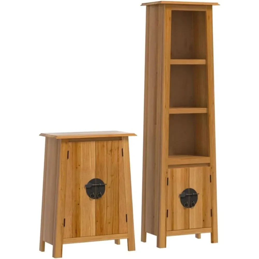 

Solid Wood Pine Bathroom Furniture Set with Ample Storage - Brown, Rustic Look, Includes Tall and Side Cabinets
