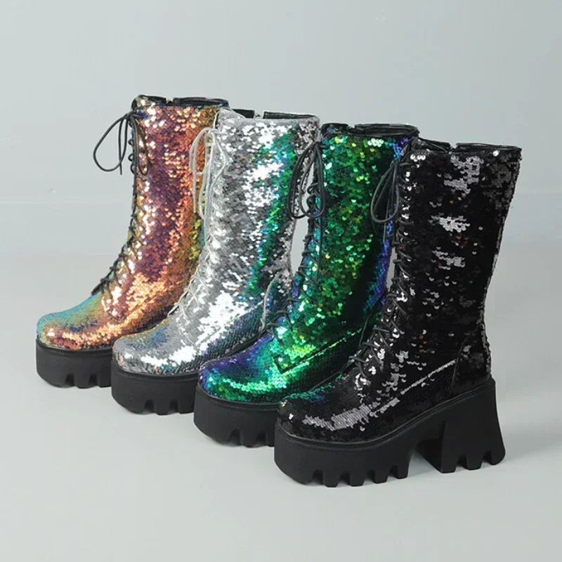 2024 inverno nuova moda paillettes punta tonda piattaforma stivaletti per le donne stile Punk Party Nightclub Stage Mujer scarpe di grandi