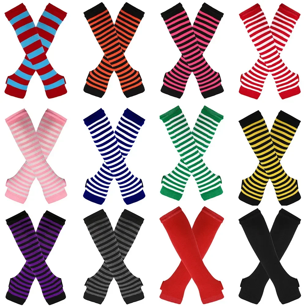 New Fashion Long Glove Arm Cover Classic Pink Black and White Striped Fingerless Elbow Gloves Warmer Knitted Long Wristband