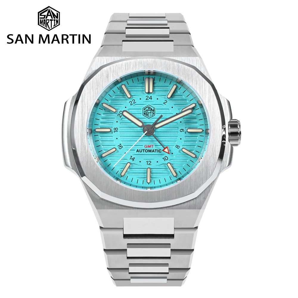 

San Martin New 43mm Mens Watch GMT Fashion Business Automatic Mechanical Luxury Two-Tone Rubber Strap Sapphire 10Bar BGW-9 Lum