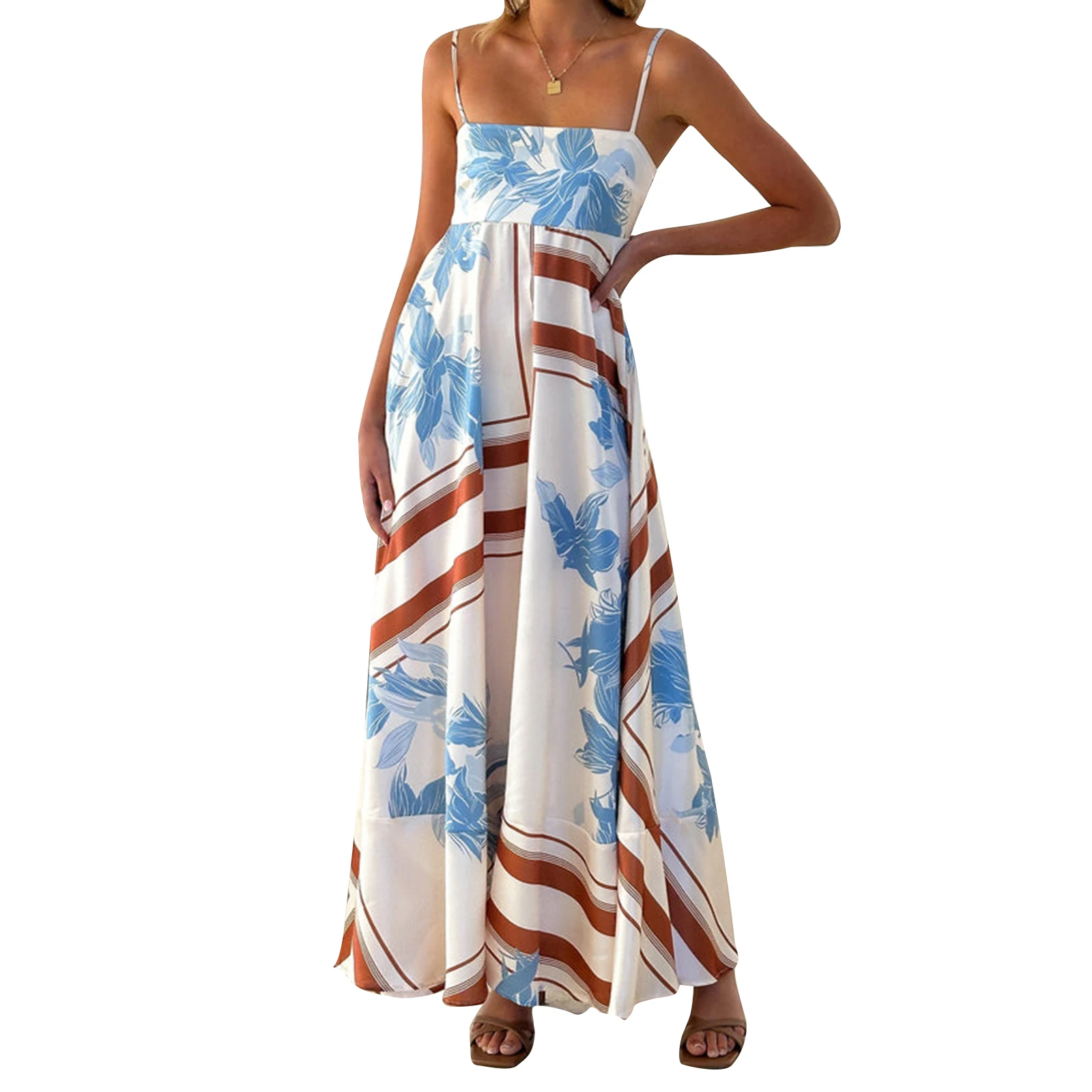 2025 Women's Long Cami Dress Stripe/Dot Print Spaghetti Strap Backless A-Line Flowy Dress