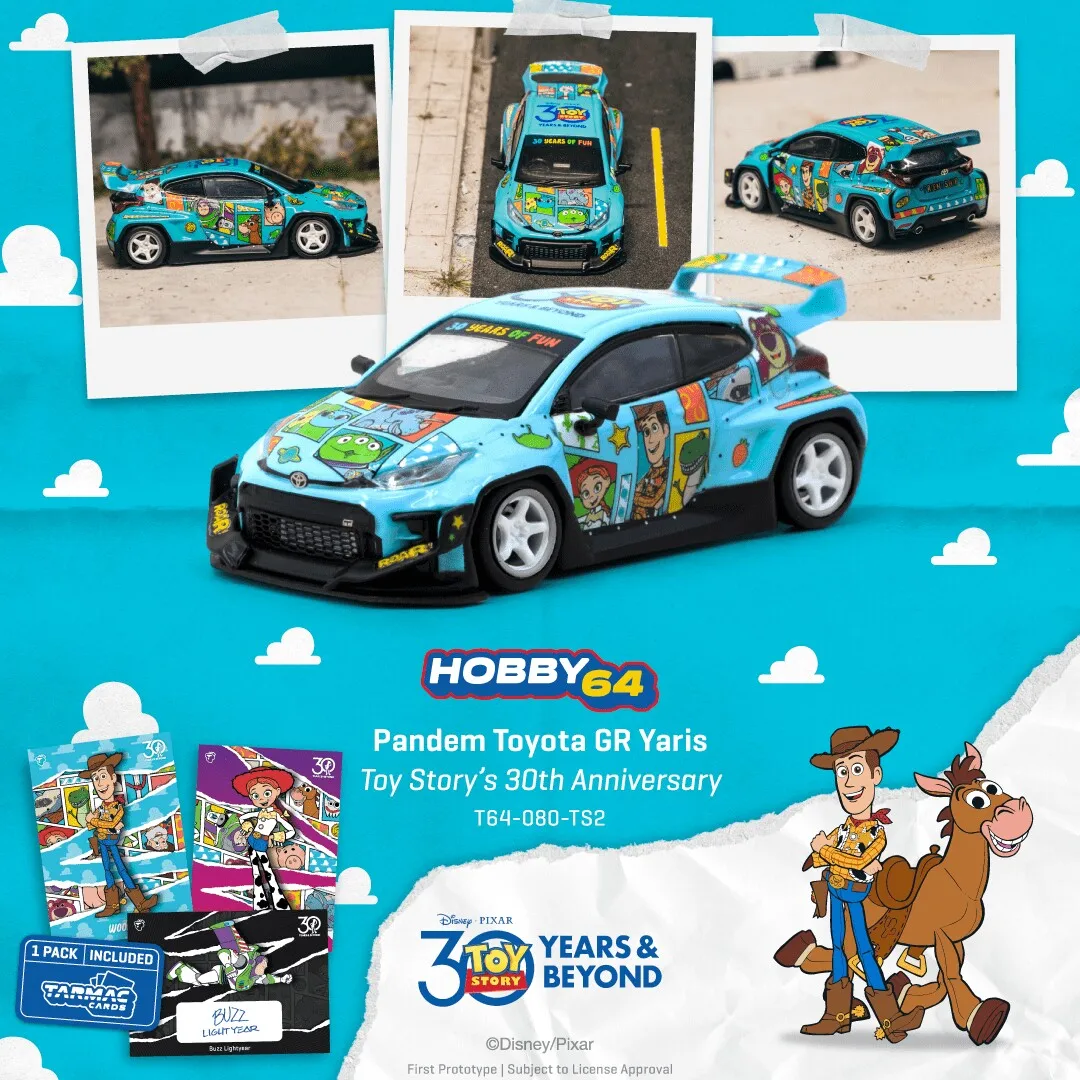 Tarmac Works TW 1:64 Pandem Toyota GR Yaris Toy Story's 30th Anniversary Trading Card Model Car Combo Set Collection Toy Story