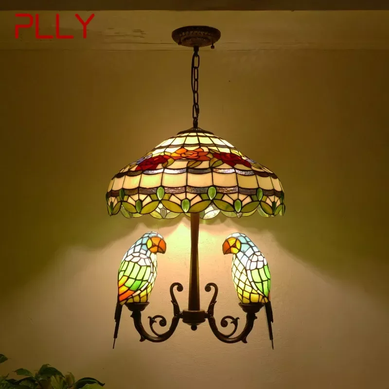 PLLY Tiffany Parrot Chandelier Vintage Creative Color Glass Living Room restaurant Bedroom Hotel Corridor Pendant Lamp