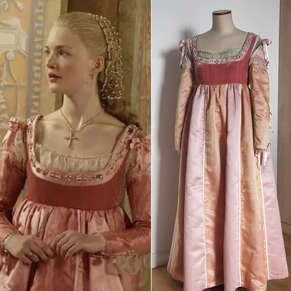 Luxuriöses Lucrezia Borgia Cosplay-Kostüm Rosa Kleid Ren Faire Vintage Regency Empire Hochgeschnittenes Italienisches Renaissance-Ballkleid