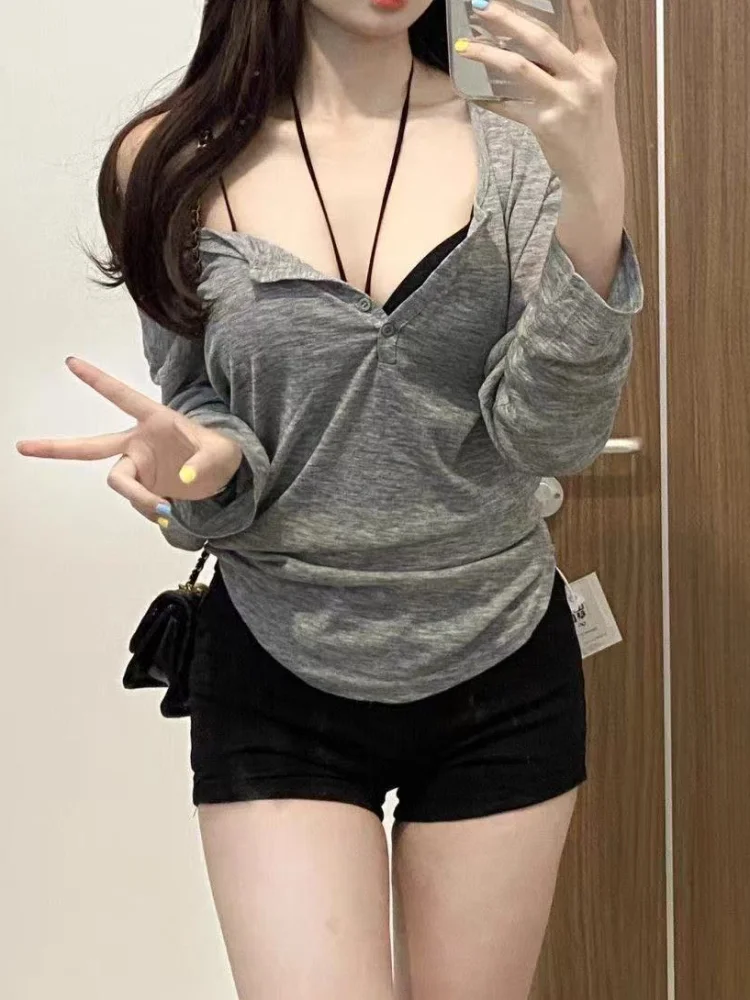 Girls Solid Casual Long Sleeved T-shirt Women\'s Smock Tops Sexy Thin Transparent Tee Shirts Korean Loose T-shirt Streetwear