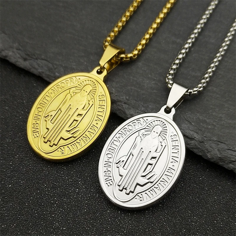 Saint Benedict Medallion Pendant Necklace for Stainless Steel Men Women Gold Color San Benito Chain Jewelry collar hombre