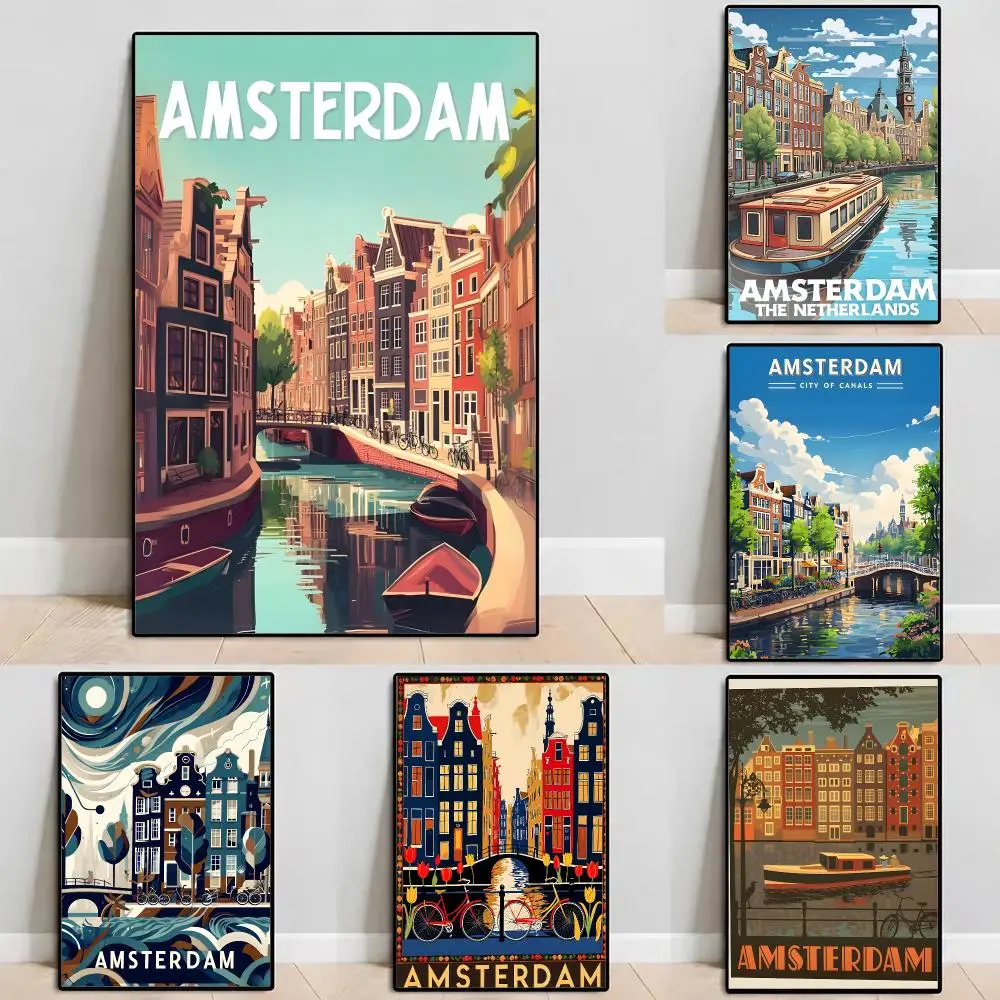 Landmark Amsterdam Canal Poster Self‑Adhesive Waterproof PP Poster Coffee House Bar Wall Art Sticker Room Home Decor