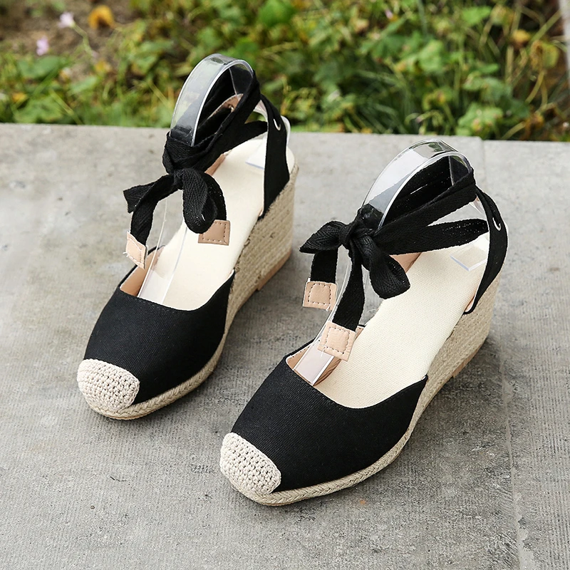 2024 Damen Espadrille Knöchelriemen Sandalen Bequeme Hausschuhe Damen Damen Freizeitschuhe Atmungsaktive Flachs Hanf Canvas Pumps