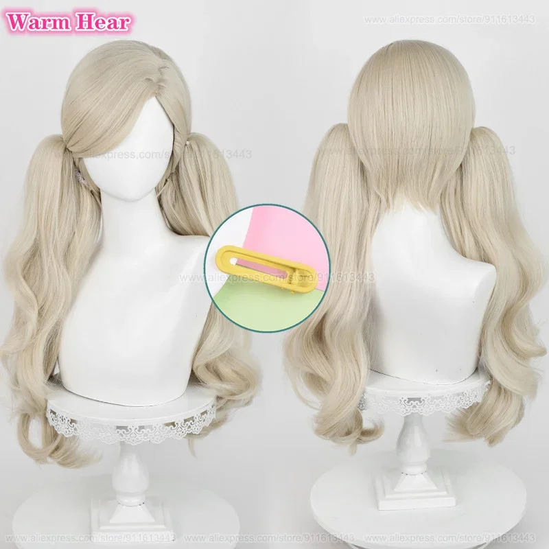 Game P5 Anne Takamaki Synthetic Cosplay Wig 58cm Light Linen Gold Double Ponytail Wig Cosplay Anime Wig Heat Resistant Hair Wigs