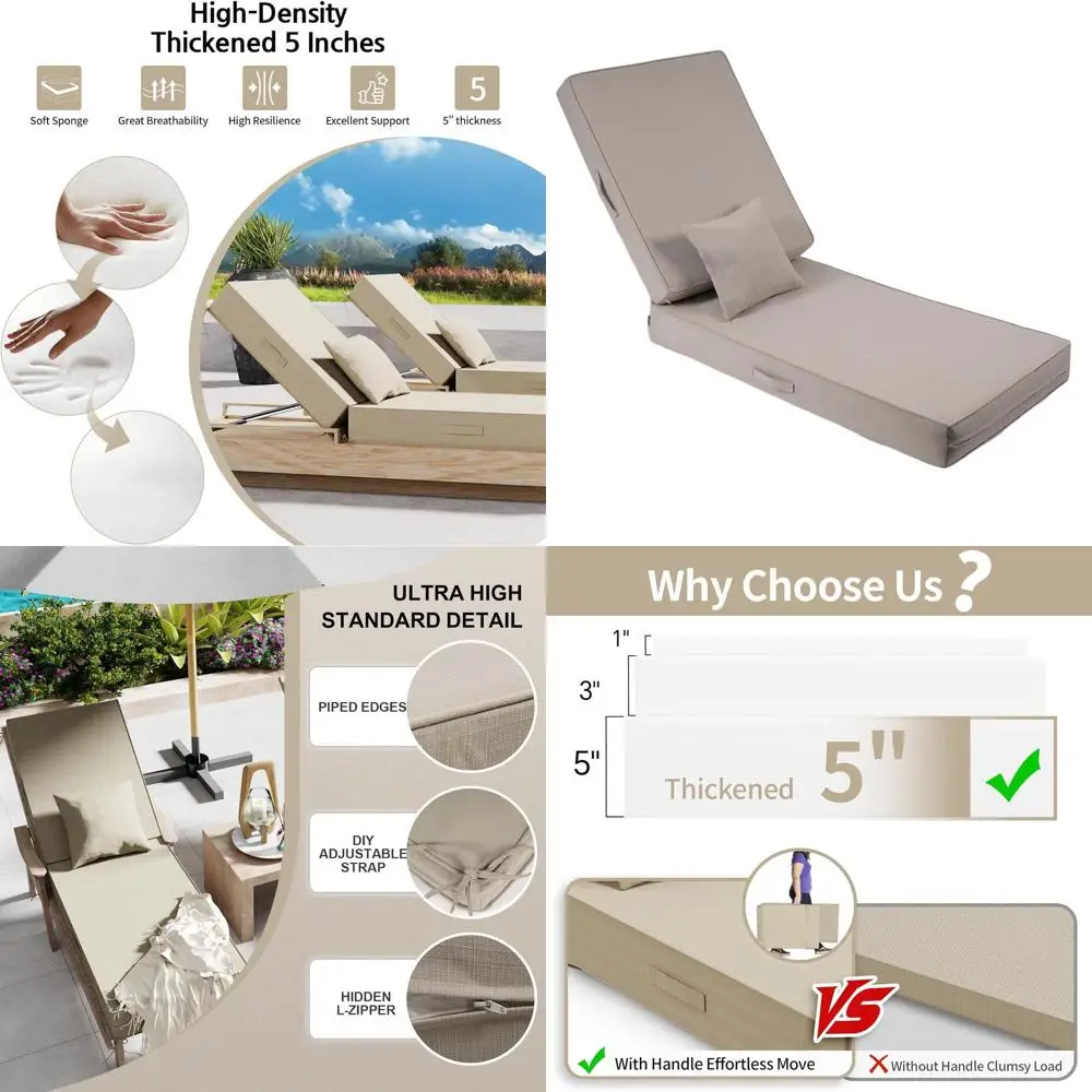 

Weather-Resistant Outdoor Olefin Chaise Lounge Cushion Set with Pillow, Ideal for Patio, Lawn, Garden, Beige, 72L x 21W x 5T