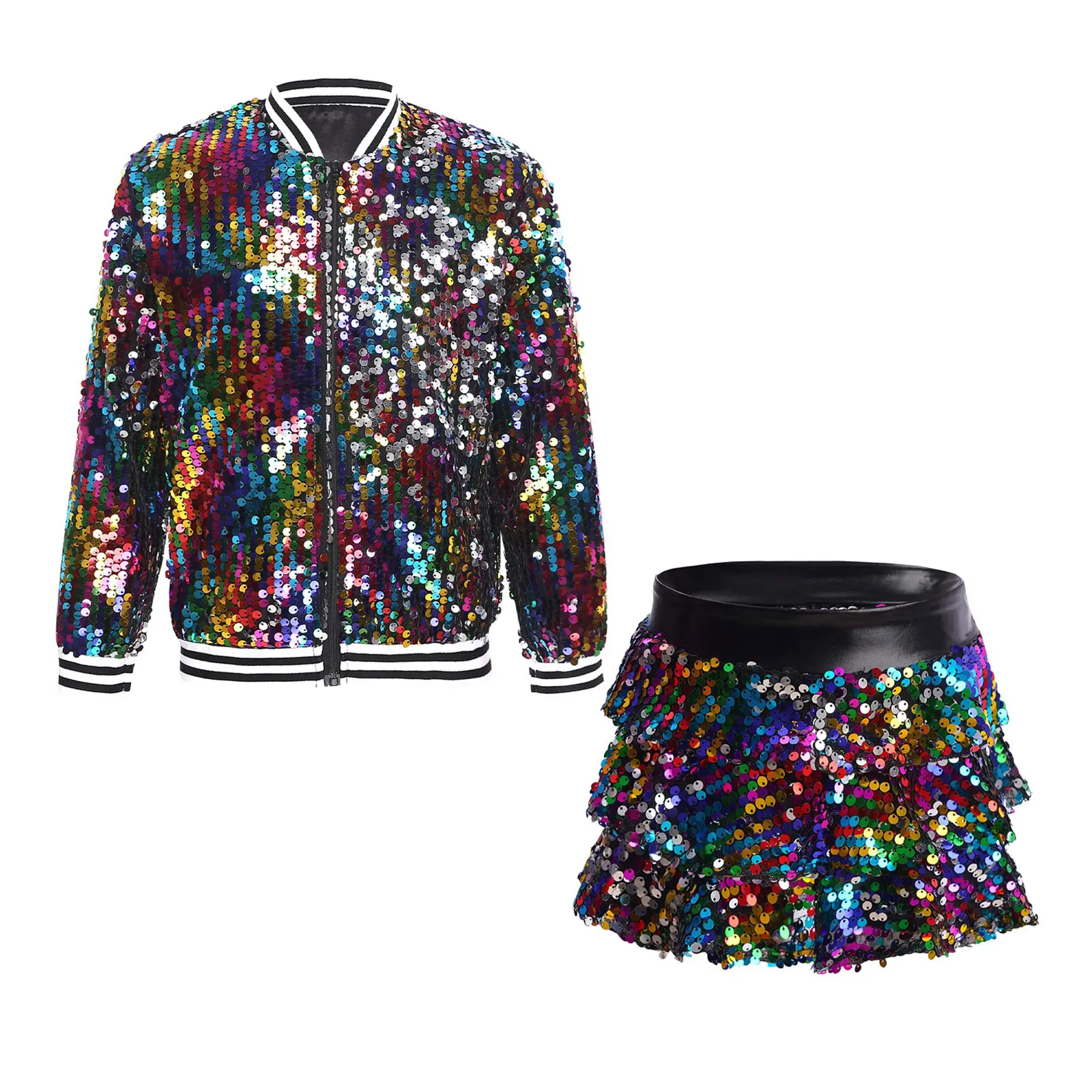 Kinderen Meisjes Party Street Kleding Sets Glittery Pailletten Outfits Jazzdans Kostuum Childs Baseball Jassen Bovenkleding Ruches Rokken - afbeelding 2