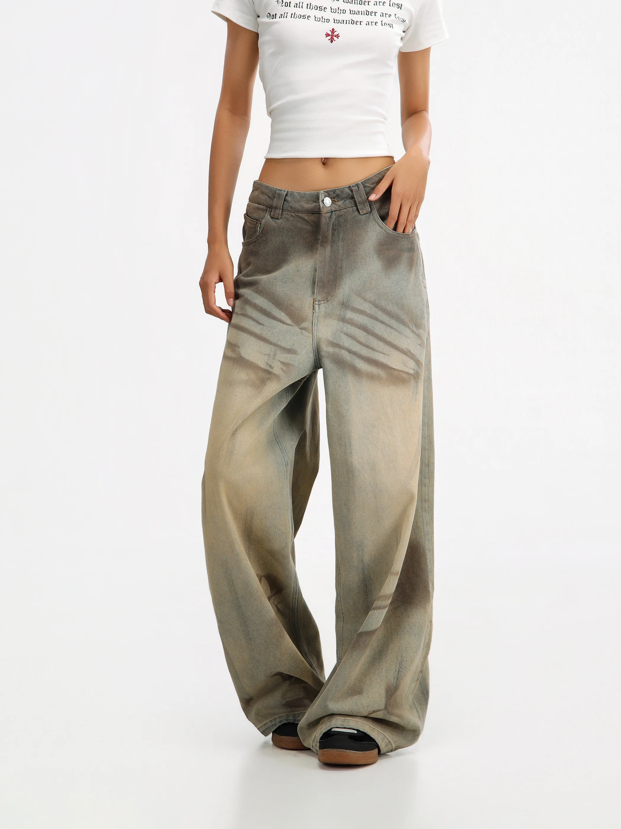

Vintage American Style Gradient Yellow Mud Dye Wide Leg Jeans Women's Loose Fit Slimming Denim Pants Casual Straight Cut