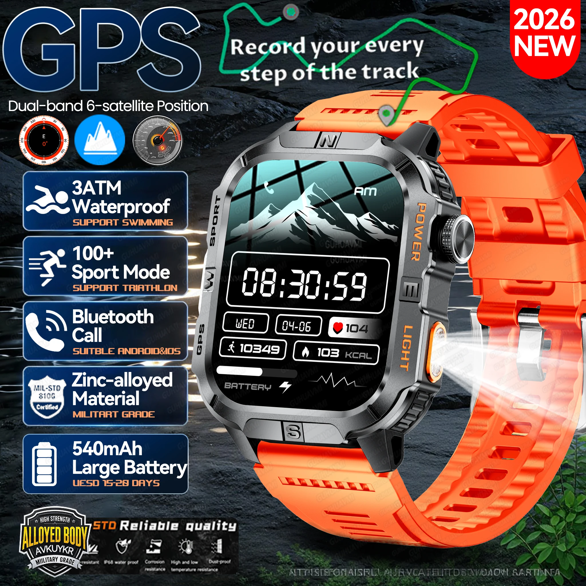 

2026 New Millitary Grade GPS Position 2.01"Smart Watch Men 3ATM Waterproof Compass 540mAh Bluetooth Call Sports Smartwatches IOS