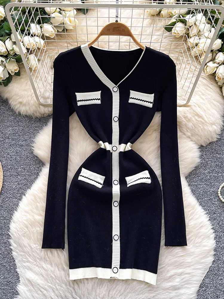 

Осенне-зимнее женское трикотажное платье с v-образным вырезом и длинными рукавами, новое модное облегающее мини-платье для интерьера S173