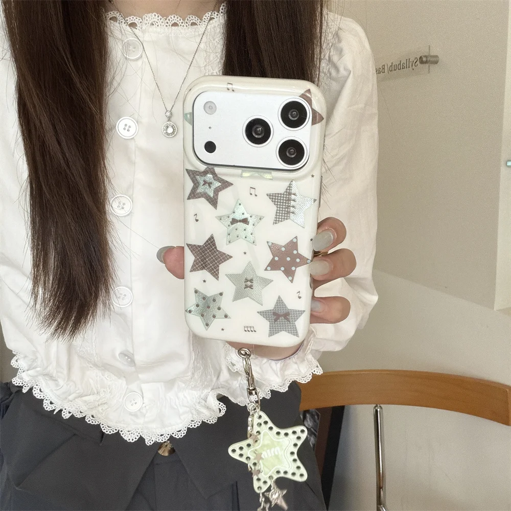 Cute Patchwork Star Phone Case For iPhone 15 16 17 Pro Max Retro Star Print With Star Shockproof Protective Cover For Girls