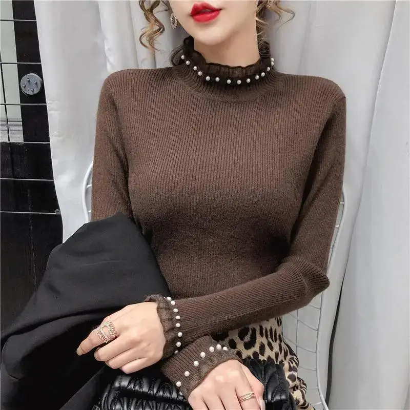 Half High Neck Sweater Women Autumn/winter Inner Wear Sweater Long Sleeved Knit Tops Nail Bead Lace Slim Fit Knit Pullover 31233