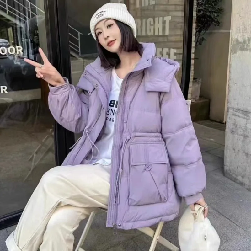 Chaqueta corta con capucha y cordón grueso para mujer, abrigo de plumón de pato blanco con bolsillos y cremallera, chaqueta a prueba de viento, ropa de invierno, chaqueta cálida