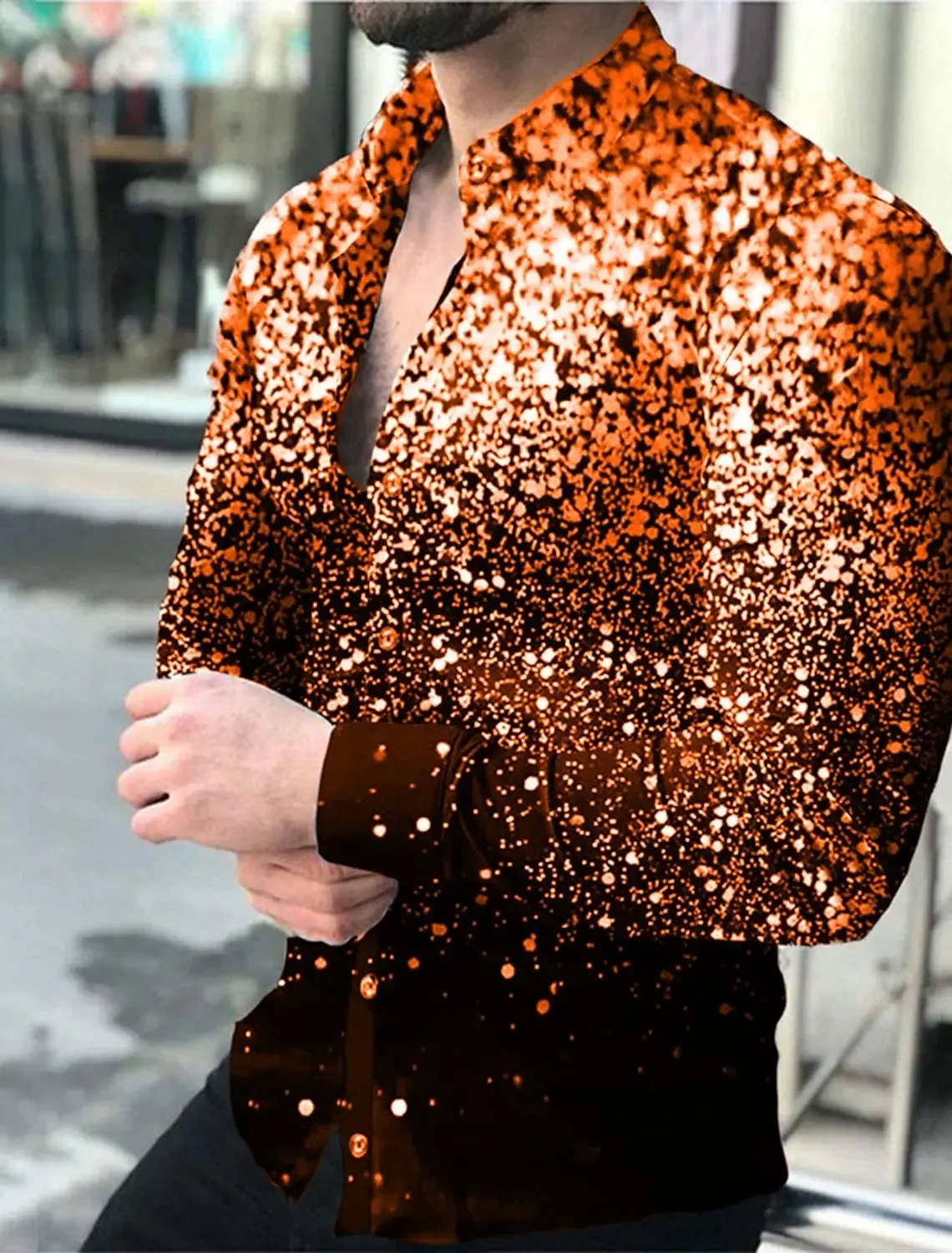 Men's Shirt Glitter Print Long Sleeve Casual Lapel Top Outdoor Street Fashion Breathable Summer and Spring