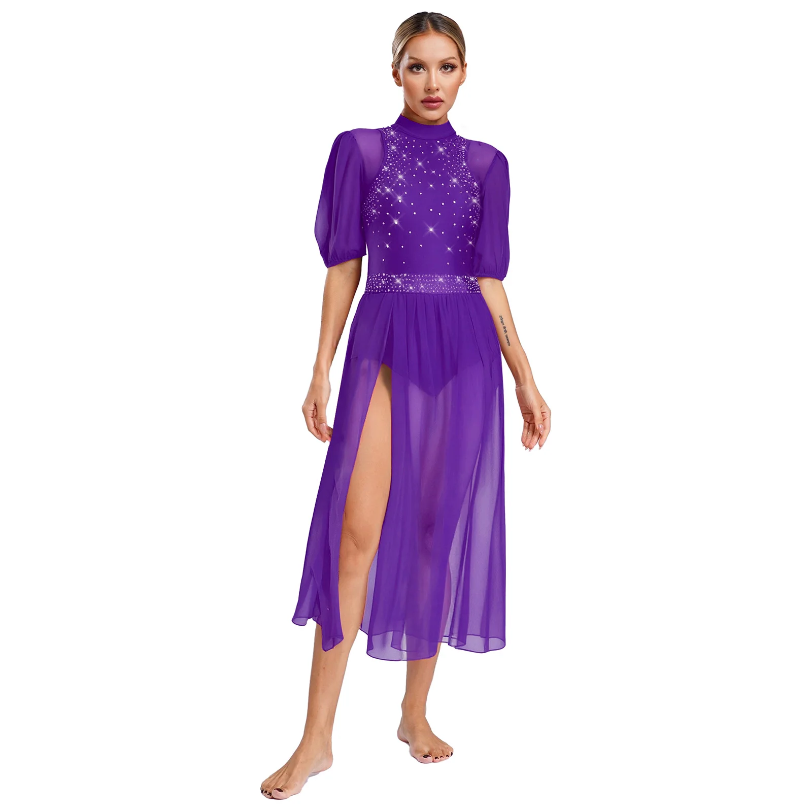 

Womens Lyrical Dance Dress Half-Sleeve Slit Mesh Hem Round Neck Sparkling Rhinestones for Stage Modern Dancing Costume Dancewear