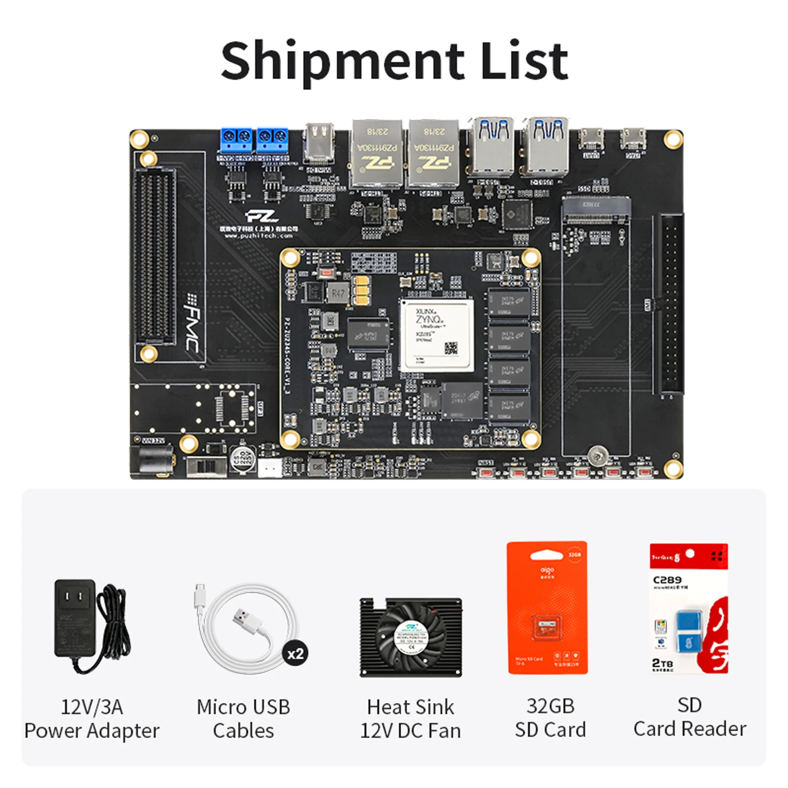 Placa de desenvolvimento Puzhi ZU2CG ZU3EG-FL FPGA Xilinx ZYNQ UltraScale + XCZU2CG XCZU3EG Kit de avaliação FMC USB3.0