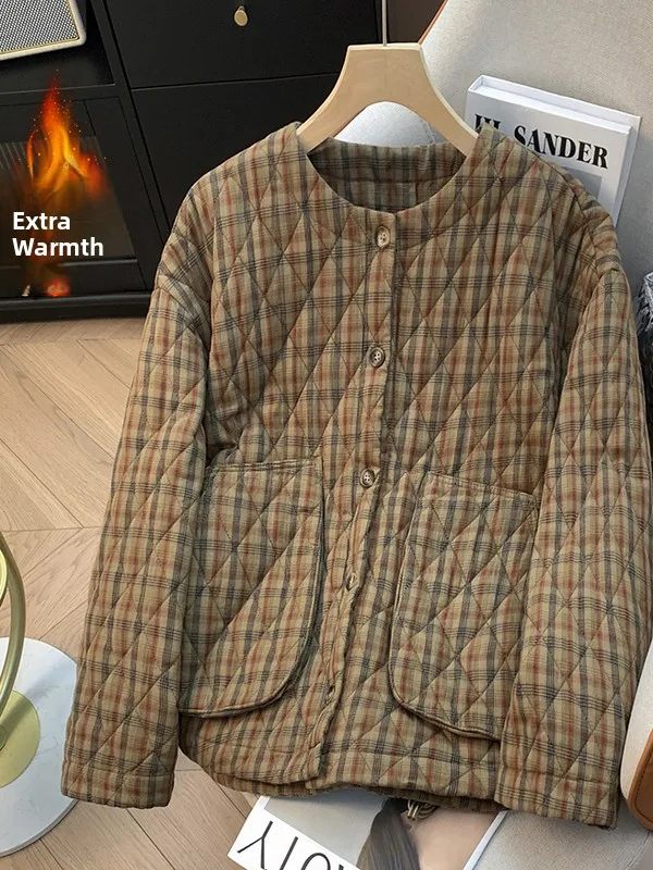 

Женское зимнее хлопковое пальто в клетку в стиле ретро, новое свободное повседневное тонкое круглое теплое хлопковое пальто, верхняя одежда