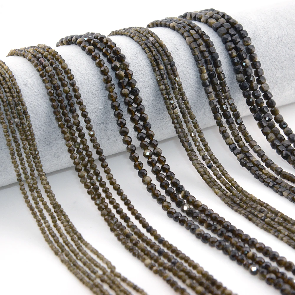 

Natural Golden Sheen Obsidian Faceted Round / Cube Beads 2mm,3mm,4mm,Fine Jewelry Making Natural Gemstones DIY Necklace
