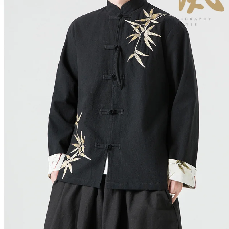 Man Embroidery Tang Suit Mandarin Collar Buckle Jacket Plus Size Chinese Traditional Retro Coat Oriental Cotton Kung Fu Shirt