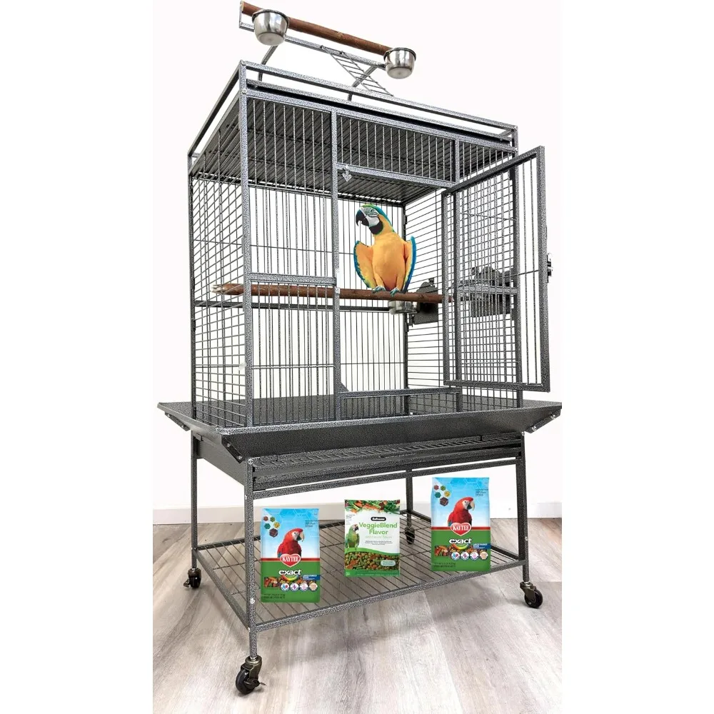 

Extra Large 32" x 23" x 69"H Elegant and Durable Wrought Iron Double Ladders Open Play Top Bird Parrot Rolling Cage, Include Sta