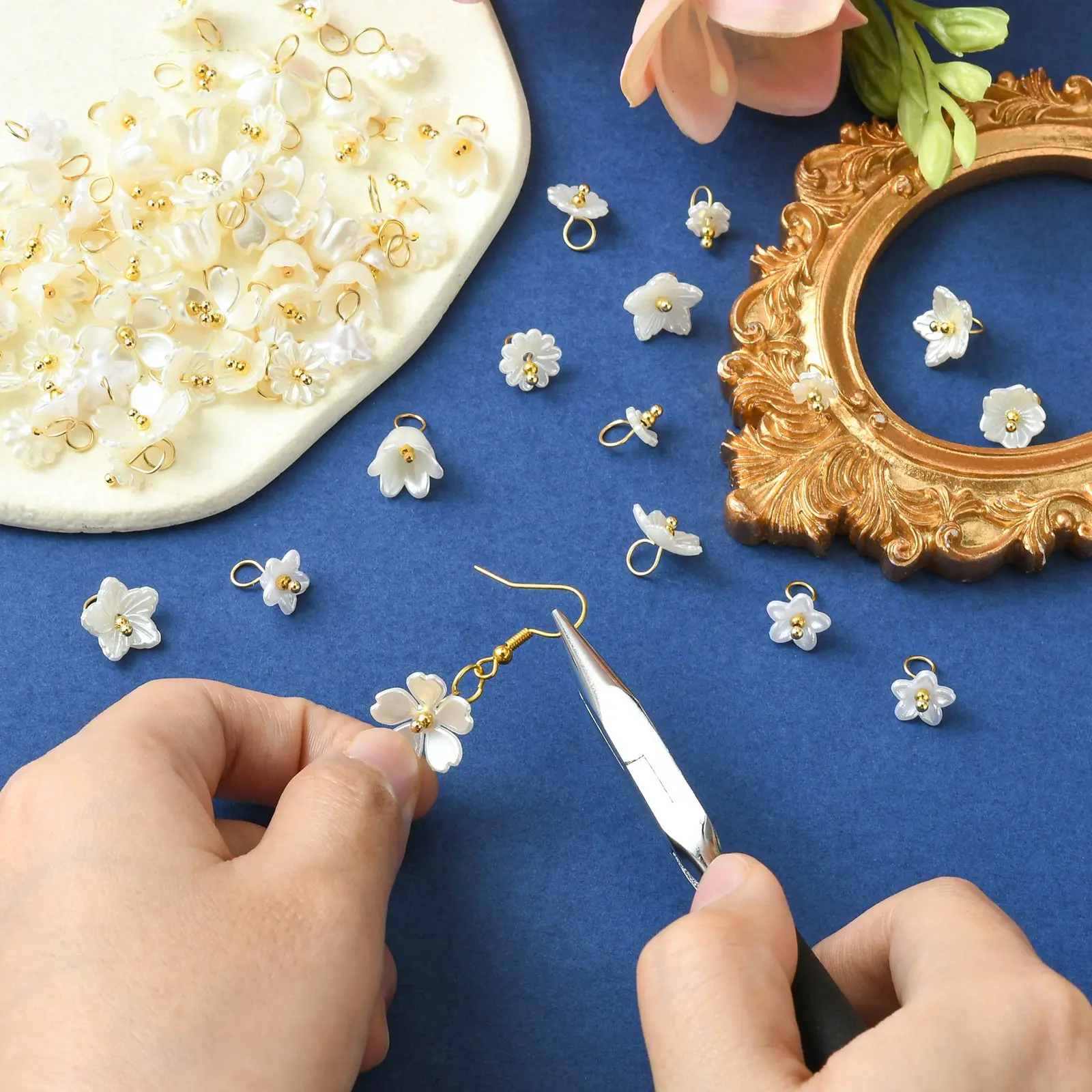Pandahall 80Pcs 8 Styles White Flower Charms Imitated Pearl Acrylic Flower Charms for Jewelry Crafts Making