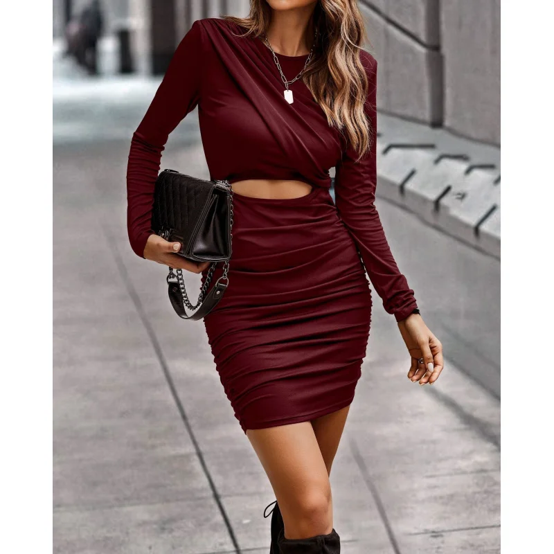 الخريف الشتاء طويلة الأكمام Ruched جوفاء غير النظامية Bodycon اللباس المرأة مجموعة النمط الأوروبي والأمريكي #1