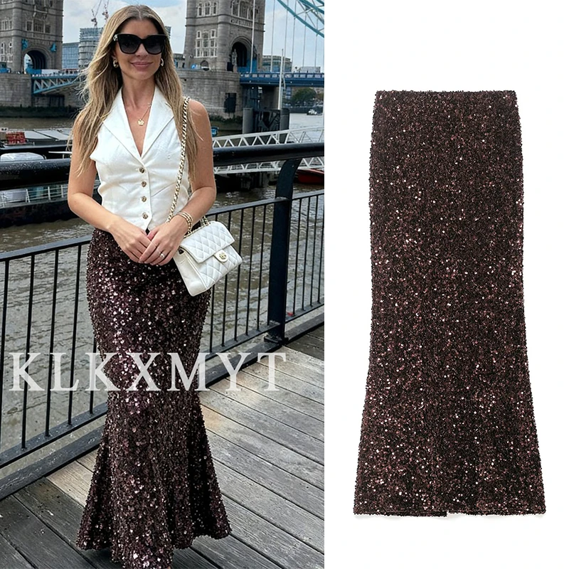 Women Wrap Skirts 2025 Women Autumn New Fashion Sequin Decoration High Waist Long Skirts Women Elegant Party Skirts