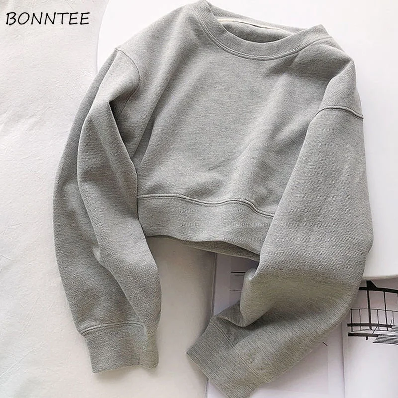 Sweatshirts Women Cropped Student Solid College Ins Trendy Basic Hot Sale Autumn Simple All-match Mujer Long Sleeve New Clothing