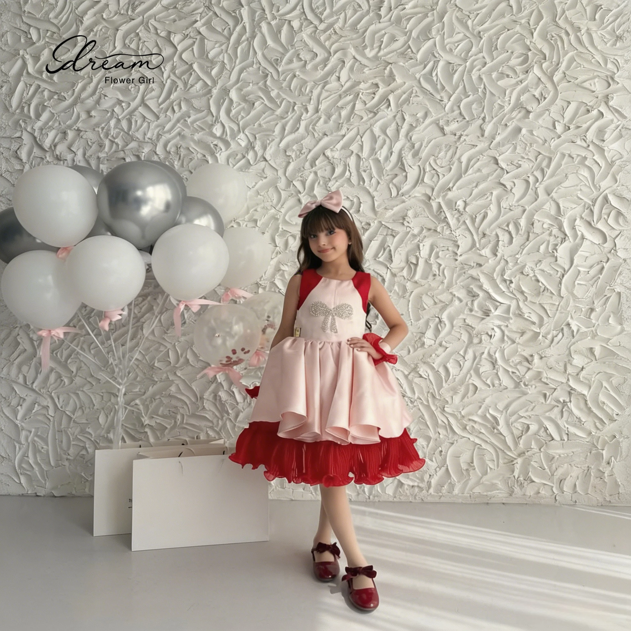 Elegant red round-neck knee-length formal party dress, featuring red lace and red bows