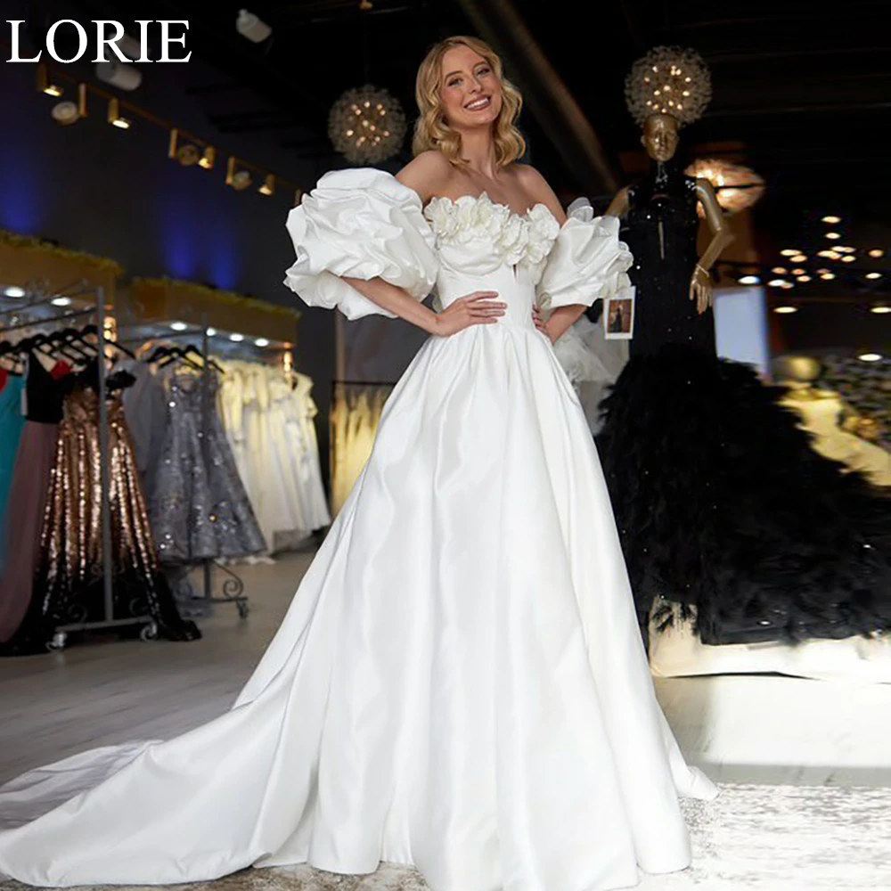 Lorie elegante vestidos de casamento de cetim a linha destacável mangas puff sem alças vestido de baile de noiva querida vestidos de noiva personalizados