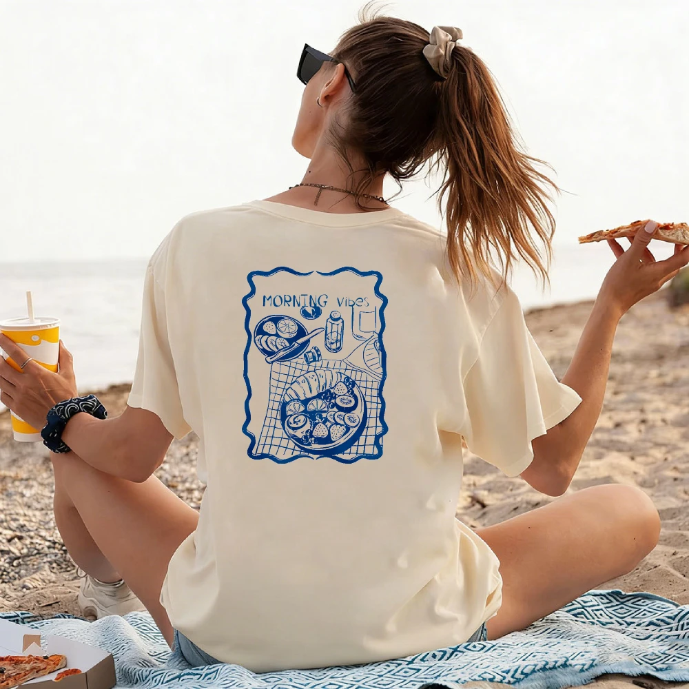 Oversized Blue Short-Sleeve Breakfast Illustration Morning Vibes Fruit Plate Coffee Cup Salt Shaker Checkered Tablecloth Framed