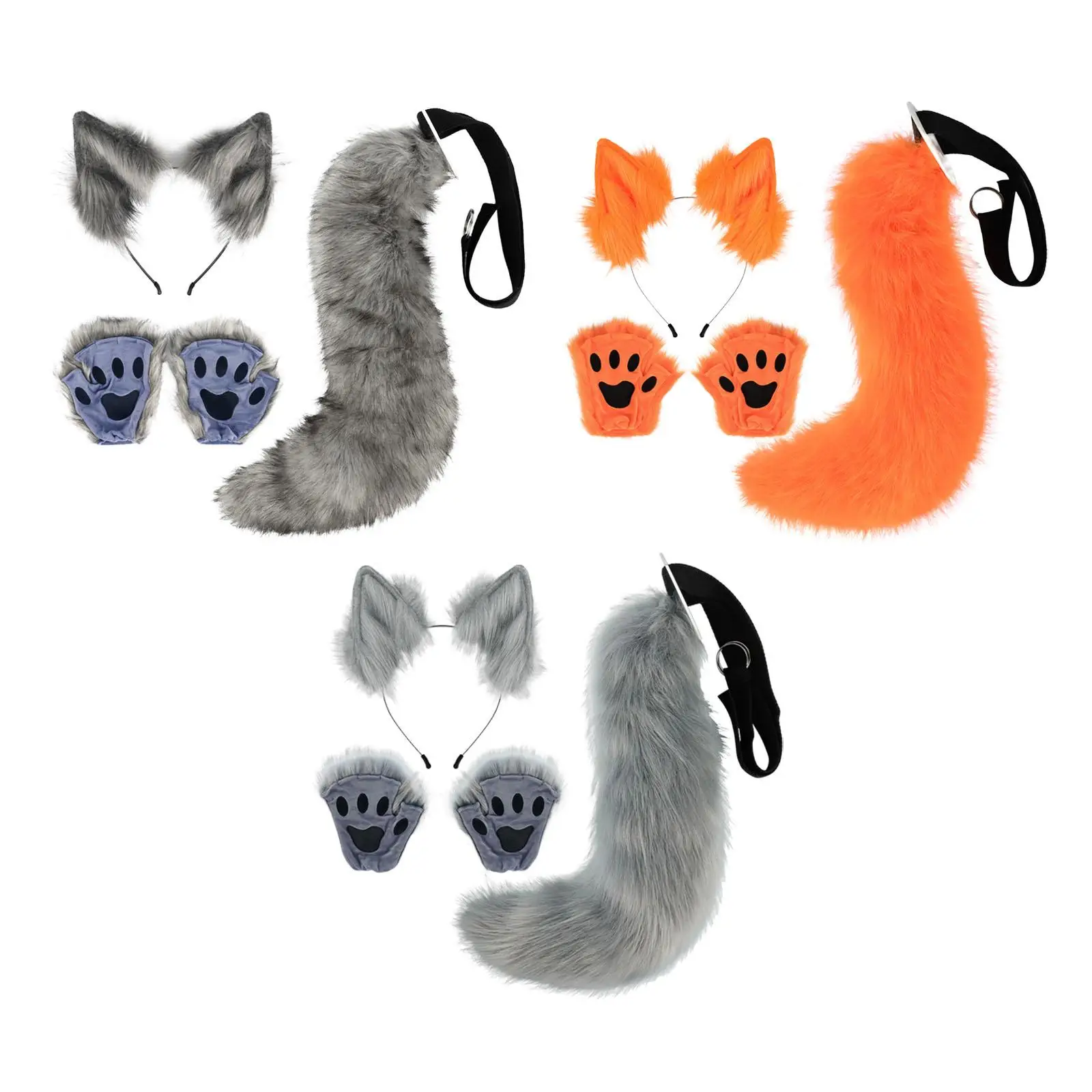 

Комплект с ушками животных и хвостом, костюм на Хэллоуин для женщин и девочек, повязка на голову с плюшевыми ушками