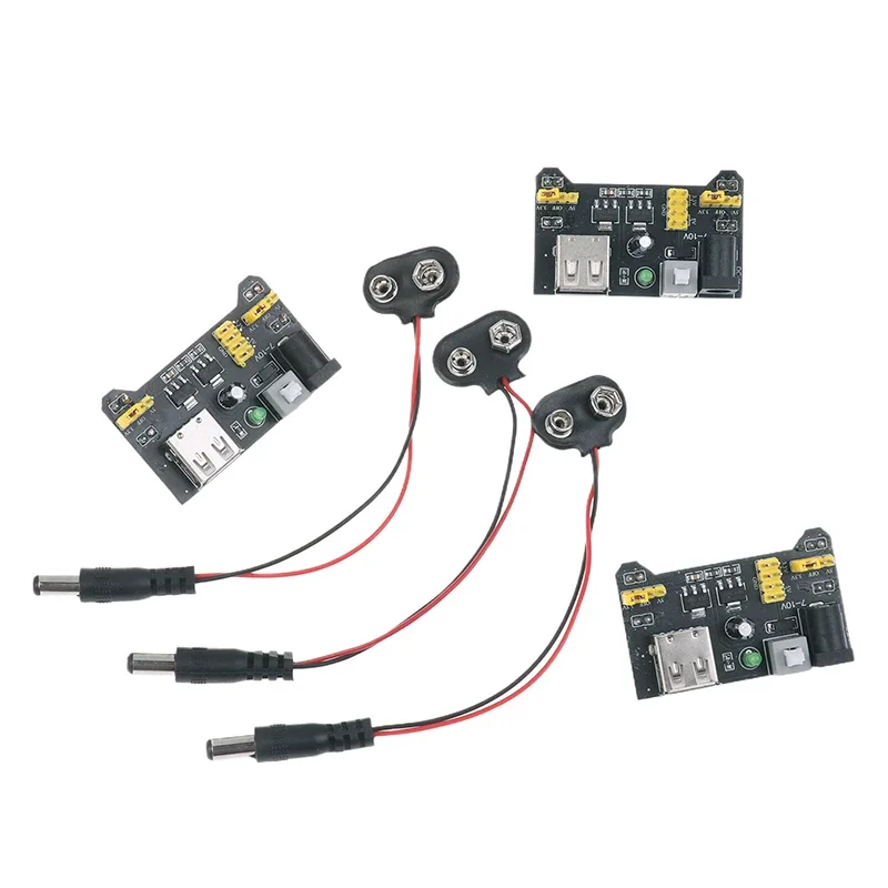 1Pcs MB102 Solderless Breadboard Power Supply Module 3.3V 5V With 9V Battery Clip Power Cable 2.1x 5.5mm Male DC Jack Plug