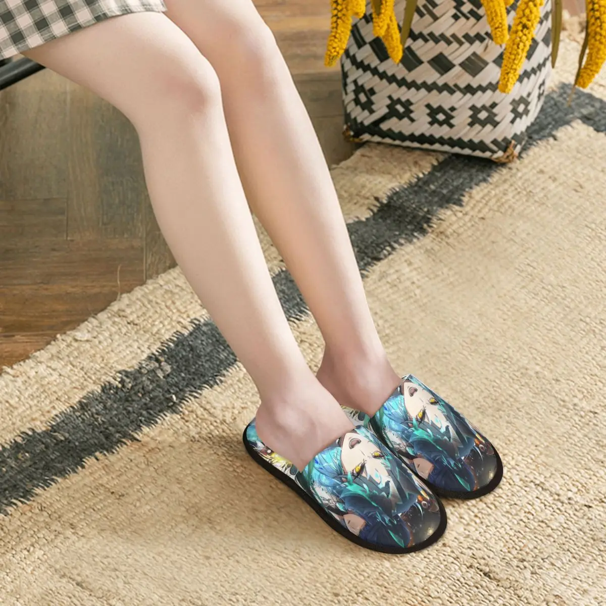 Damskie Kapcie Anime Genshin Impact Comic House, Wygodne Kapcie Spa z Pianką Memory Foam, Wsuwane Kapcie z Kreskówkami