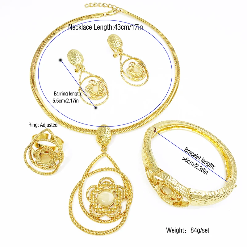 Dubai Gold Color Jewelry Set For Women White Stone Luxury Design 24k Gold Plated  Necklace Earring Ring Bracelet 4Pcs